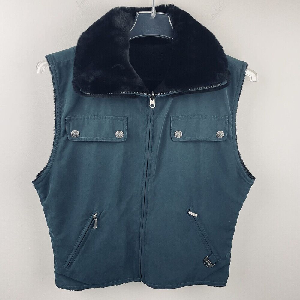 Vtg Nils Reversible Vest Women 8 Green Black Faux Fur Ski Equestrian Pockets USA
